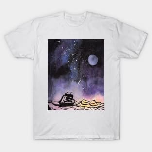 Sailship at rough Sea under a Galaxy Sky T-Shirt